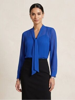 NWOT T Tahari Royal Blue Pleated Tie Neck Blouse XS